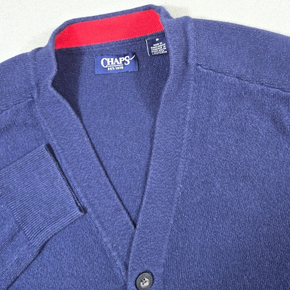 Chaps Mens Medium Navy Blue Cardigan Sweater Button Front Cotton Elbow Patch